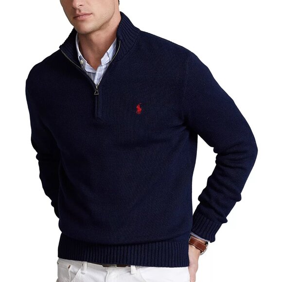 NWT Polo Ralph Lauren Men's Large Cotton Navy 1/4 Zip Knit Sweater Ribbed Collar - Picture 1 of 8